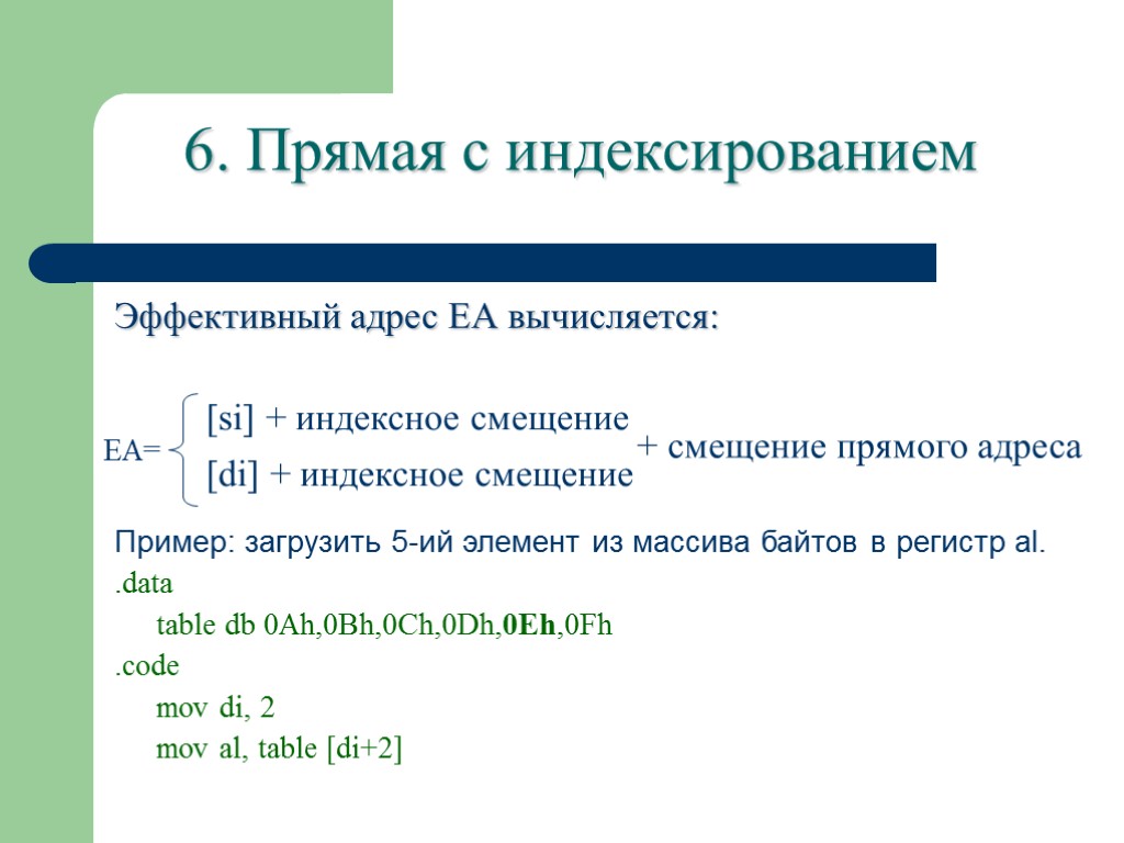 6. Прямая с индексированием Эффективный адрес ЕА вычисляется: Пример: загрузить 5-ий элемент из массива